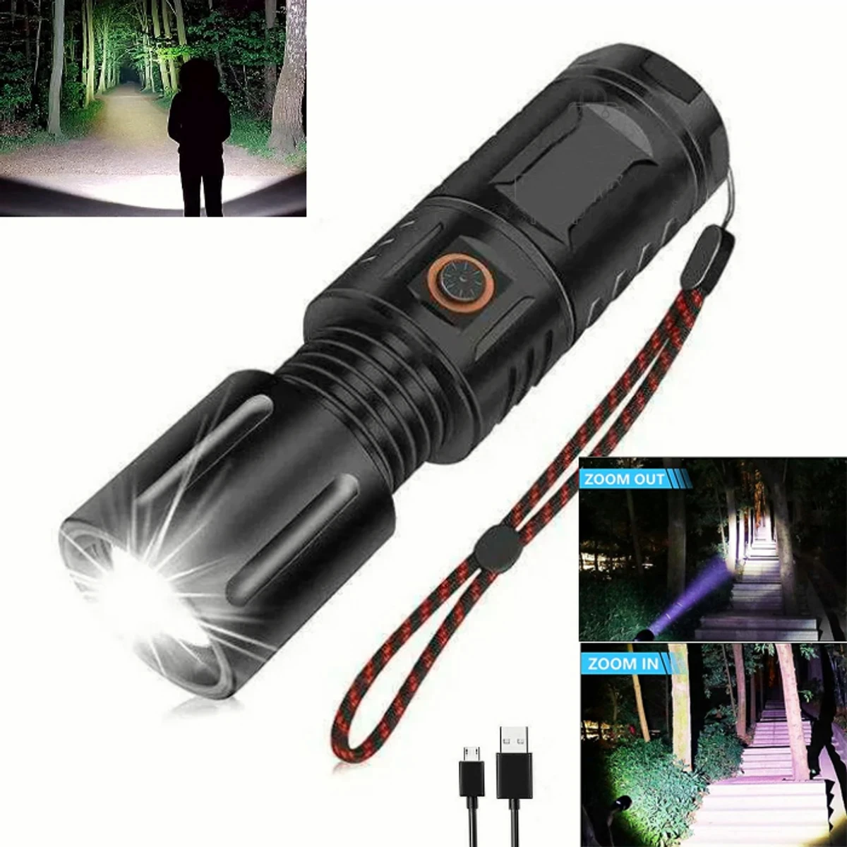 RECHARGEABLE LED ZOOM TORCH LIGHT, WATERPROOF STRONG LED FLASHLIGHT WITH POWER BANK