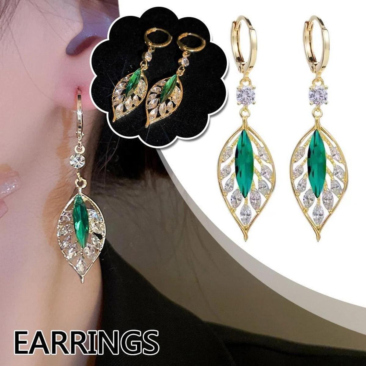 Sparkling Zirconia Green Leaf Earring Buckles High Fashion Earrings Ladies Jewellery