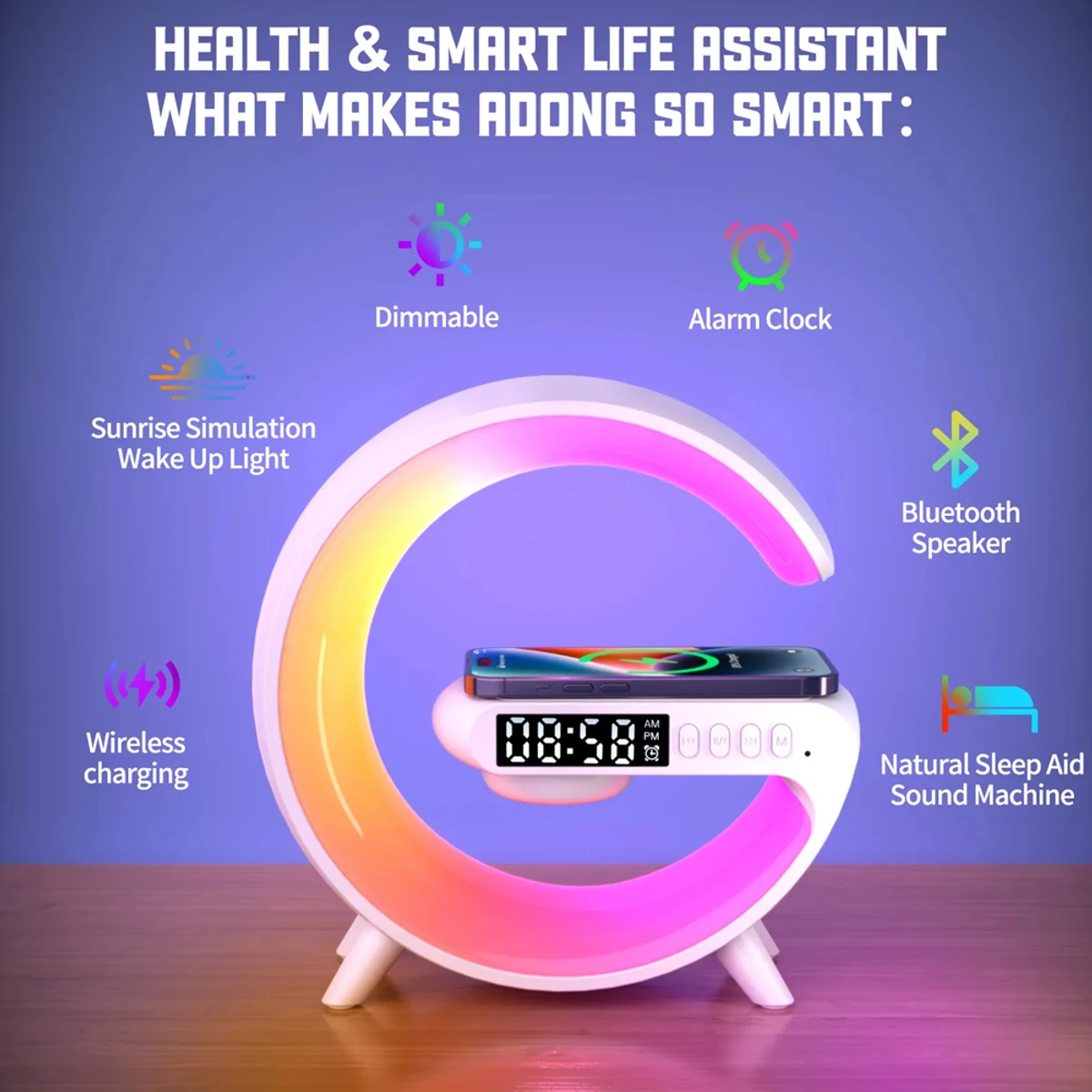 5 IN 1 G-Shape Bluetooth Speaker Alarm Clock Wireless Charger Table Lamp